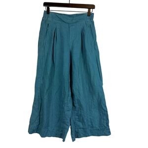 Athleta Playa 100% Linen Wide Leg Crop Pleated High Rise Pants Blue - 4